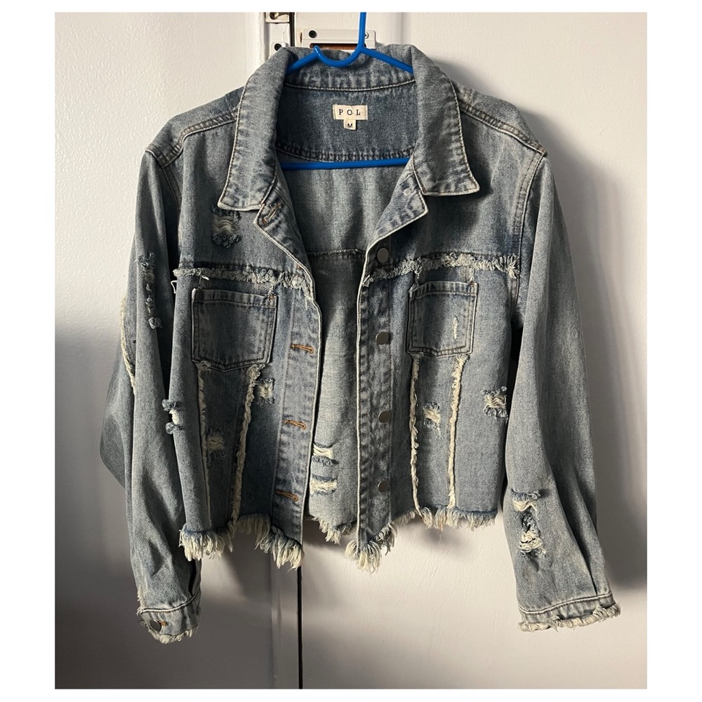 POL Distressed denim jacket with American flag Size Medium